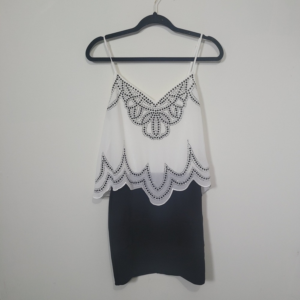 Ruby Rox Size 7 Bodycon Dress Womens Black White Studded Layered Chiffon Mini